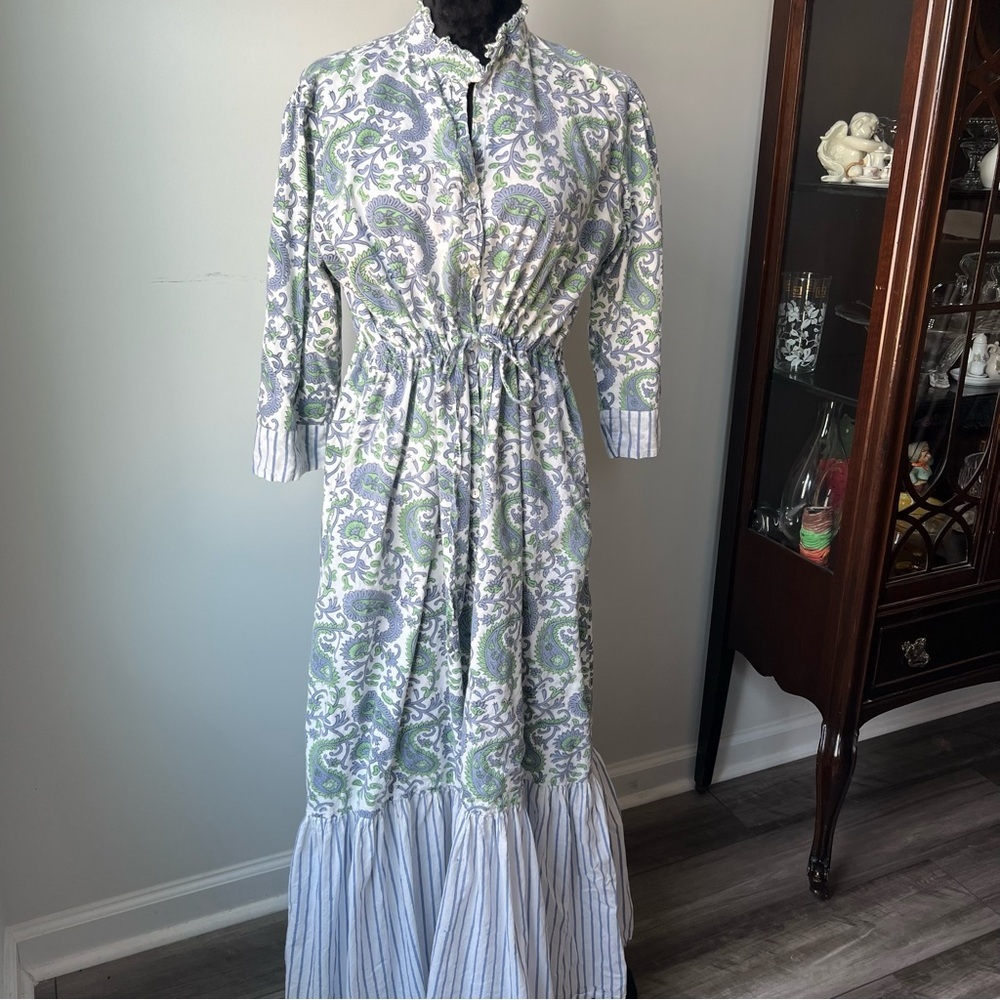 Women’s Paisley Drawstring Waist Dress in White, Green & Blue - Picture 2 of 12